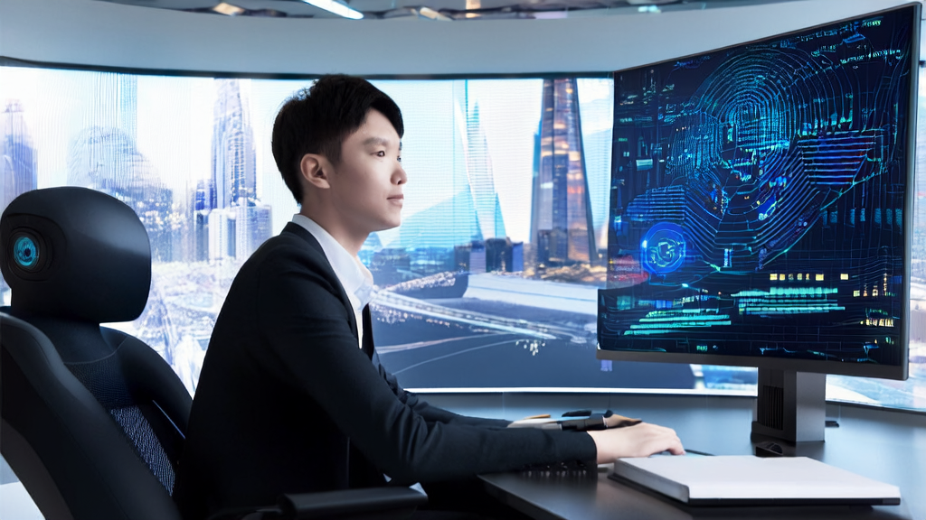 In a futuristic office, an entrepreneur uses AI technology for e-commerce sales analysis, showcasing the power of AI acquisition.
