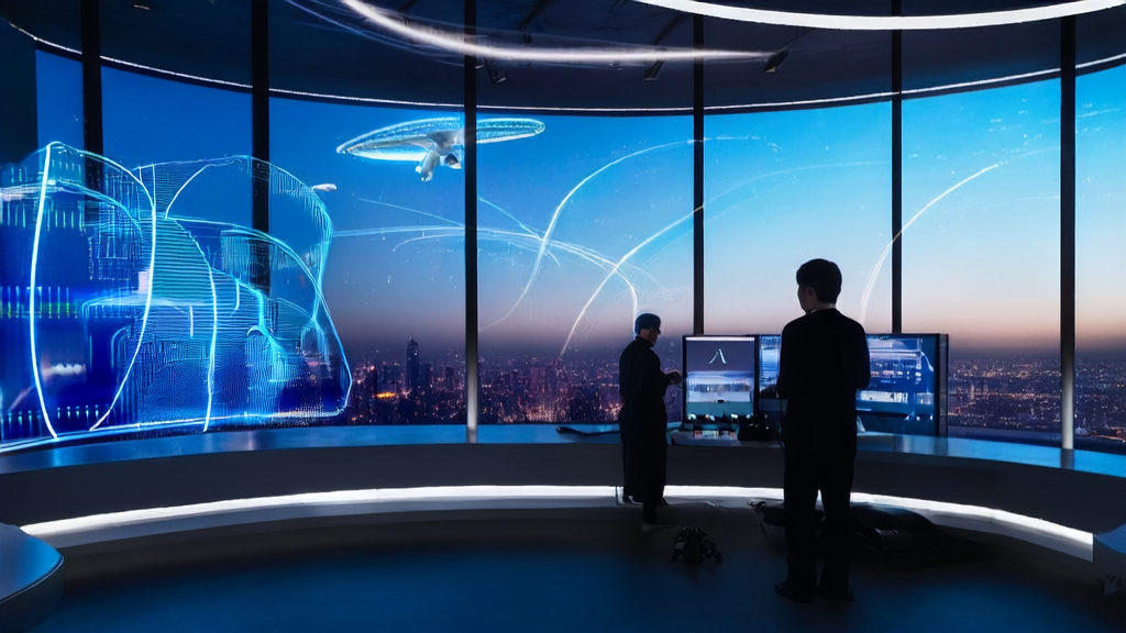 未来感办公室中，创业者利用AI技术优化独立站并借助机器人提高效率