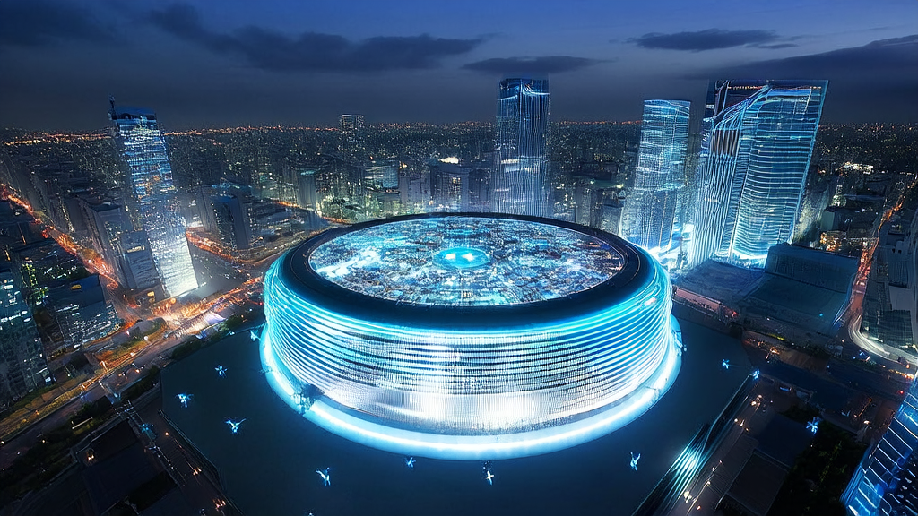 A virtual office of an independent site in a futuristic city, where a programmer is using AI technology to optimize keywords and achieve traffic surge.