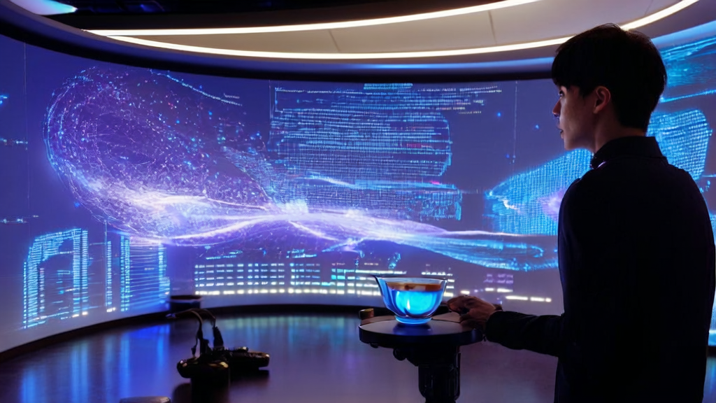 未来办公室中年轻的创业者利用AI技术进行邮件营销优化，智能机器人助手在一旁协助