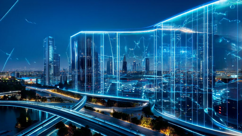 未来城市中的独立站办公室利用AI技术实现流量暴增，背景是繁忙的智能交通和正在建设的国家数据枢纽。