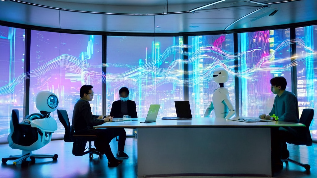 A futuristic office where an e-commerce team uses AI technology for email marketing analysis to boost sales performance