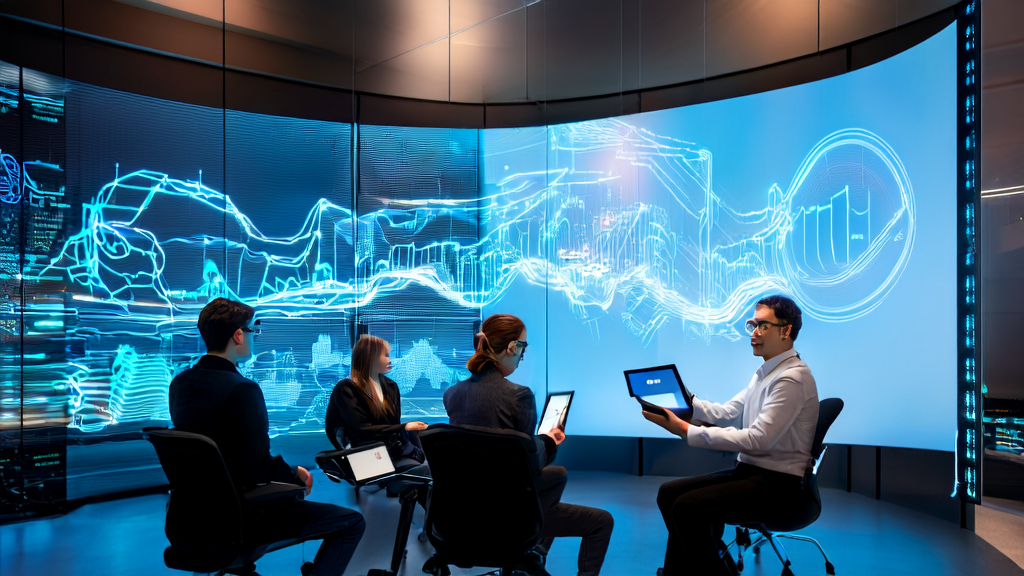 In a futuristic office, marketing experts use AI technology to analyze customer behavior and optimize email marketing strategies
