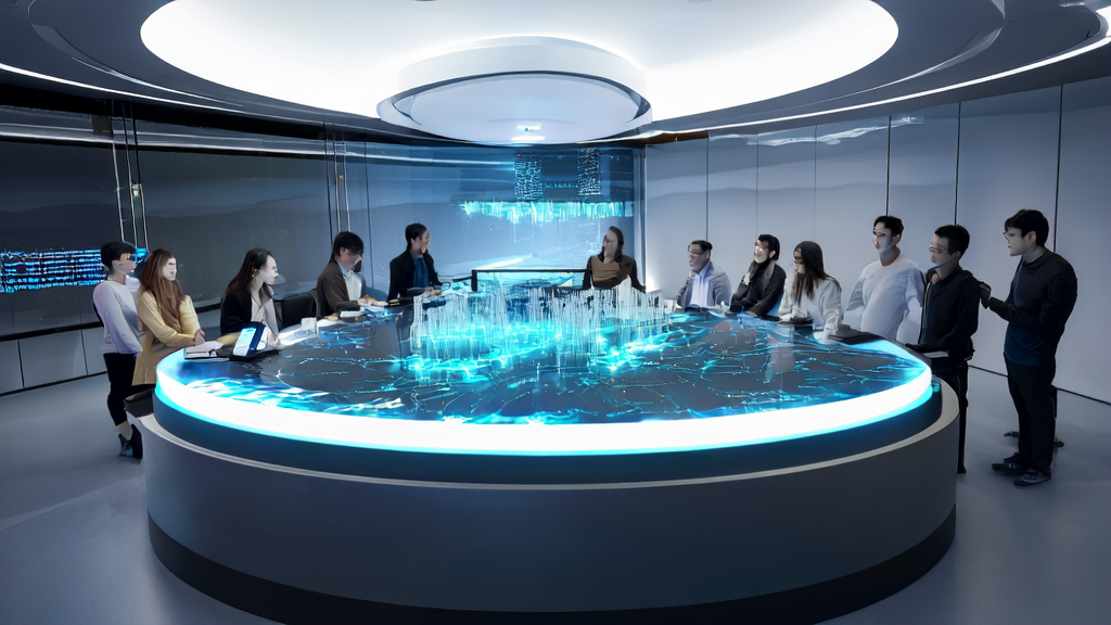 Marketing team in a futuristic office using Xiaomi's multimodal model for AI email marketing optimization