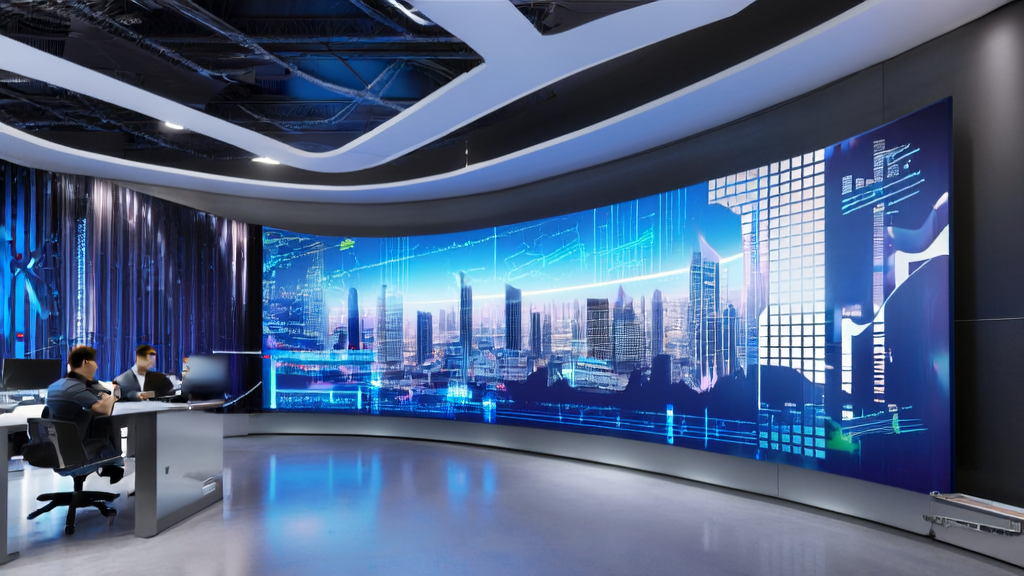 A futuristic e-commerce office showcasing the application of AI algorithms and data analysis