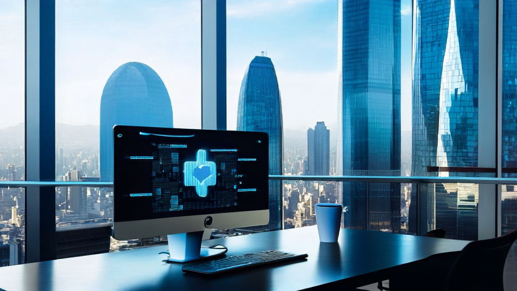 A modern office in a futuristic city showcasing the revolution in email marketing brought by Apple's AI engine