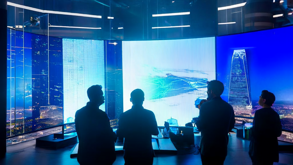 In a high-tech office of a future city, developers are using MiniMax Agent for customer screening and analysis