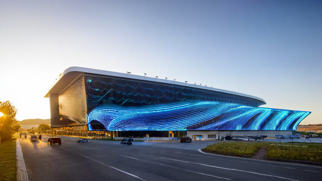 未来城市中的微软AI数据中心，展示AI客户预测模型如何助力跨境电商精准获客与高效增长