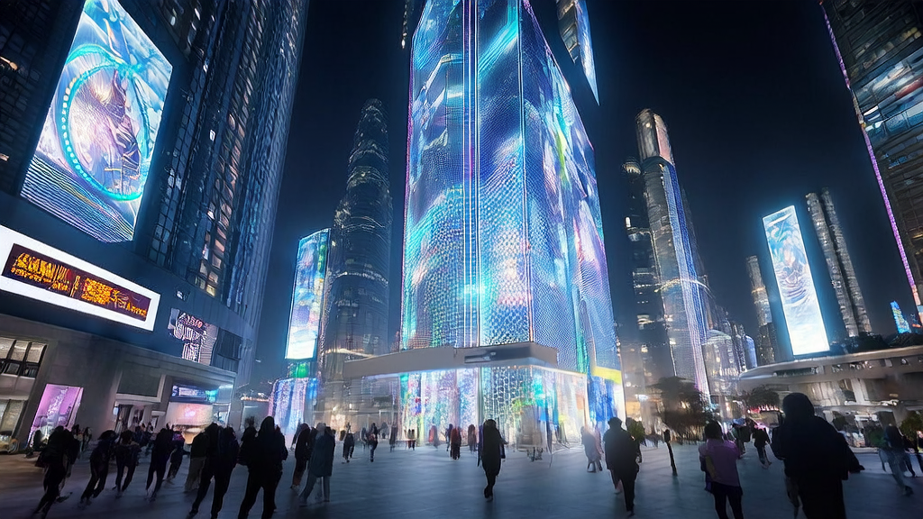 A futuristic city scene showcasing AI marketing with Genie 3, highlighting immersive interactive environments to enhance customer experience