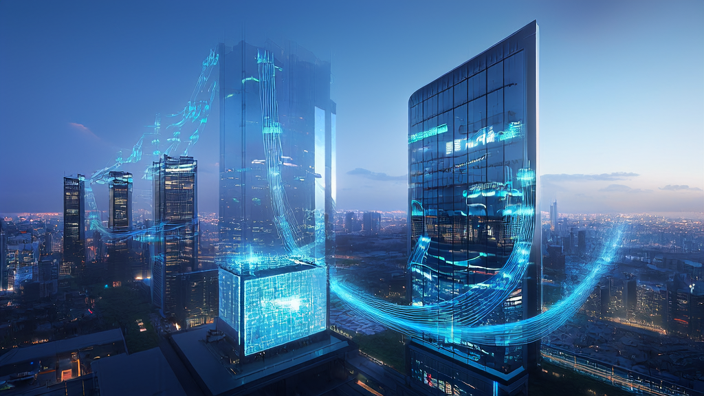 Meta AI team in a futuristic city showcasing AI-driven customer acquisition solutions