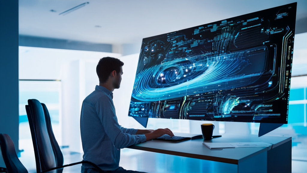 A modern office where a programmer is debugging the SmolVLM model based on WebGPU, showcasing the revolutionary application of AI and SEO.