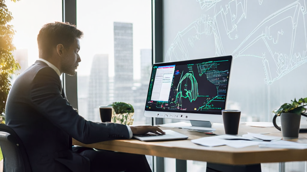 A young entrepreneur in a modern office optimizing business strategies with AI email marketing and WeChat Pay MCP features
