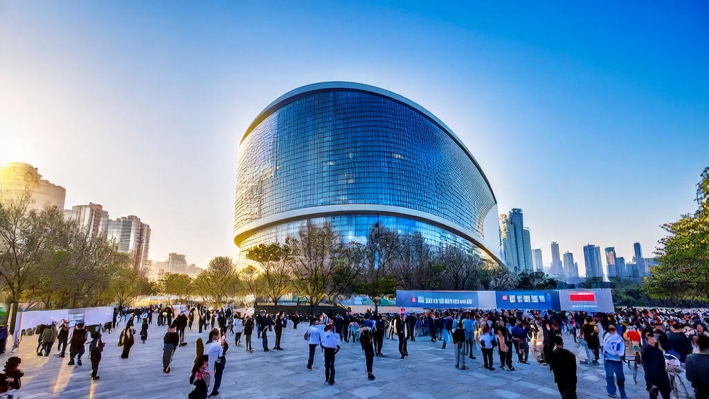 A bustling square in front of the Wenzhou AI Governing Body building, featuring interactive exhibits showcasing AI applications, symbolizing the future of AI-driven customer acquisition solutions