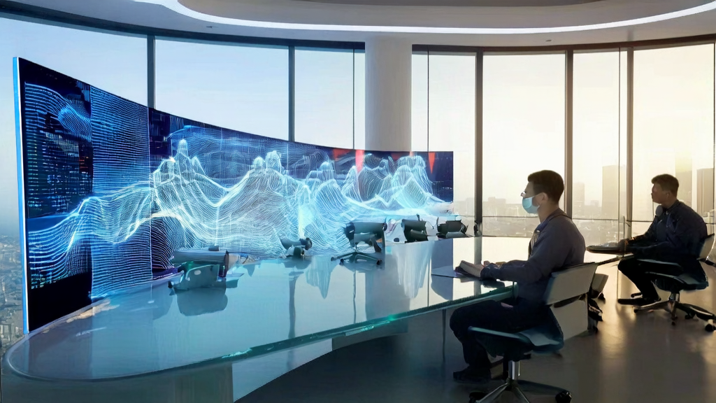 Xiaomi's multi-modal large model boosts AI acquisition efficiency, with engineers discussing advanced techniques for optimizing customer data cleansing and intelligent acquisition strategies in a futuristic office setting.