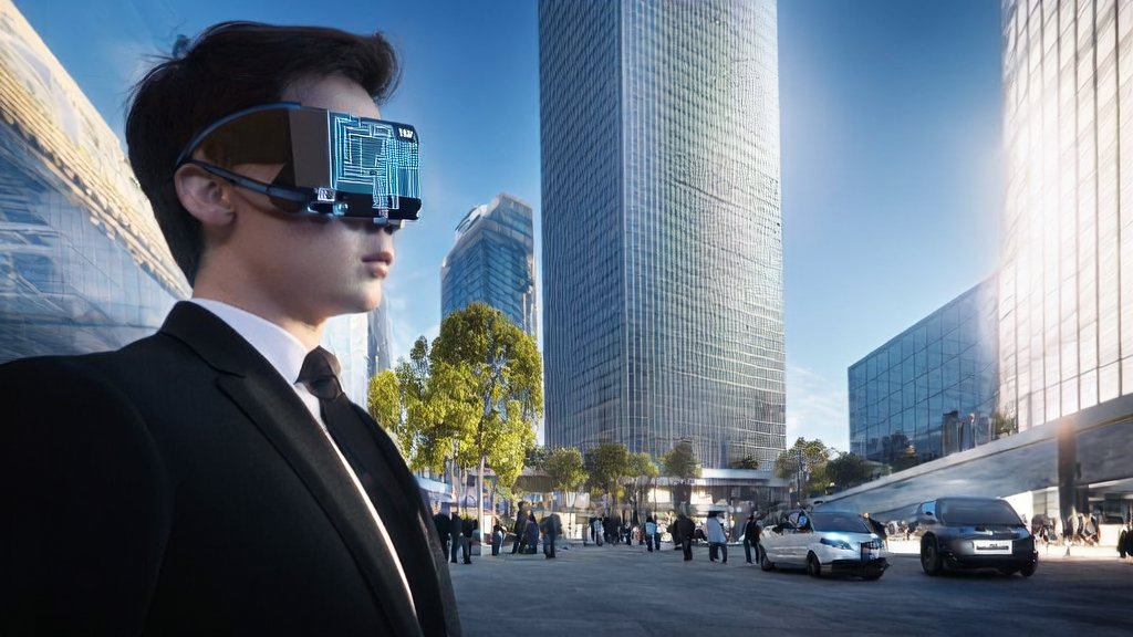 A young business person wearing Xiaomi AI glasses interacting with a potential client on a futuristic city street, with real-time analysis of client interests and behavior patterns.