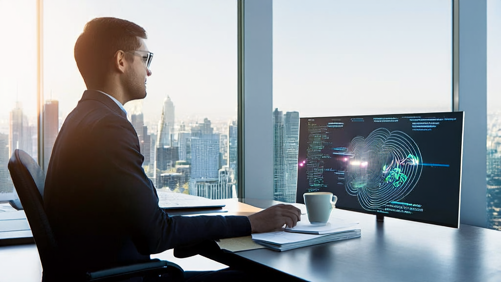 Young CEO reviewing AI customer prediction model data with city skyline in the background