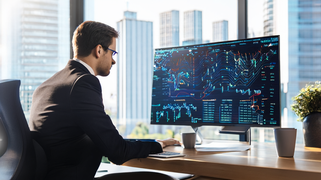 A young entrepreneur using an AI acquisition system with a bustling cityscape in the background