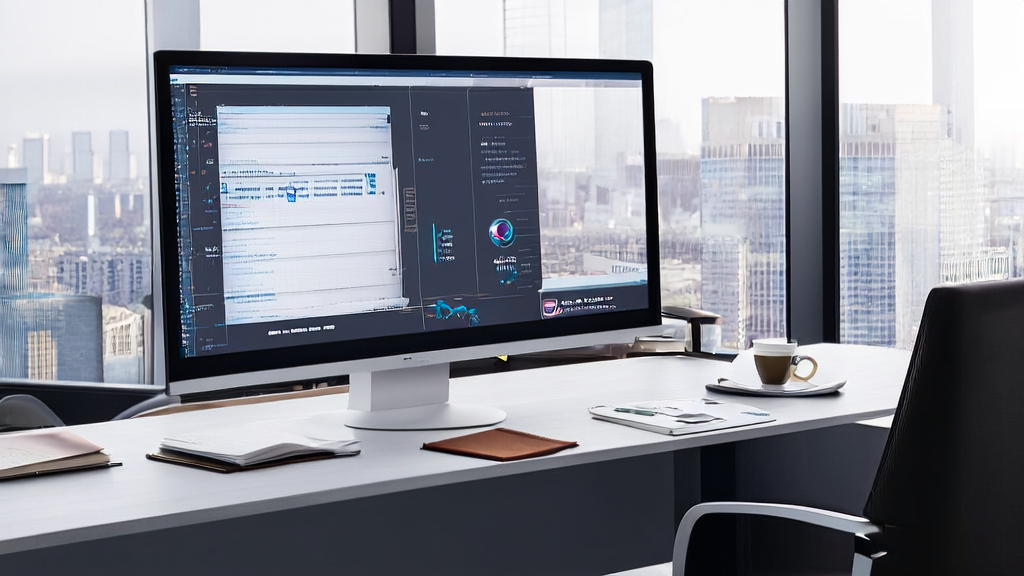 A young entrepreneur using QwenChat for AI customer acquisition, showcasing a modern office environment and tech vibe