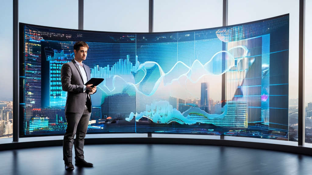 A young entrepreneur analyzing video data with Memories.ai, with a bustling cityscape in the background