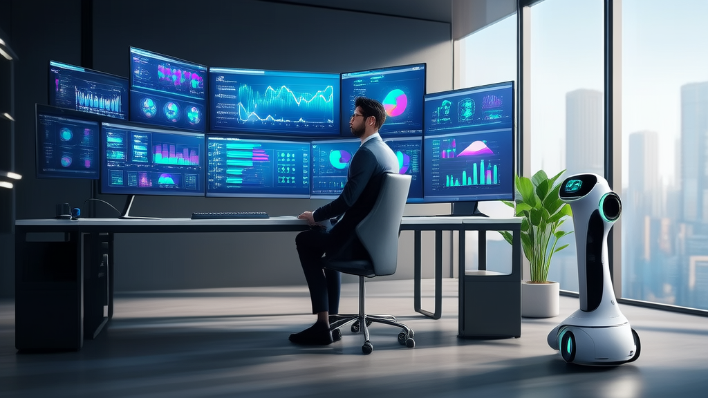A young entrepreneur in a tech-filled office using EmaFusion and Twitter data analysis to optimize marketing strategies