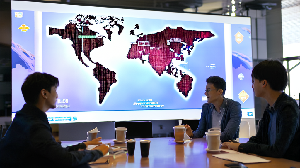 Young entrepreneurs are using foreign trade AI software to analyze international customer data, with a world map on the wall marking their business coverage.