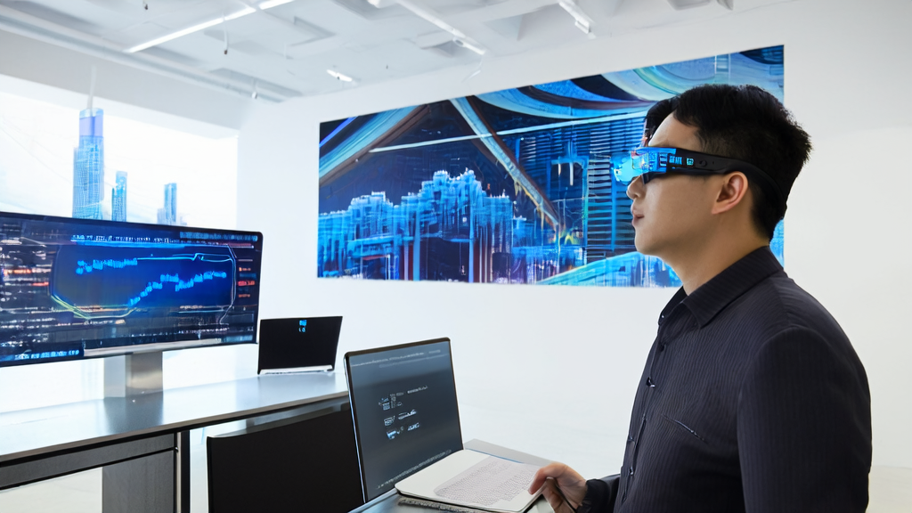 Young sales manager wearing Tianyi AI smart glasses interacting with a client and analyzing data in real-time