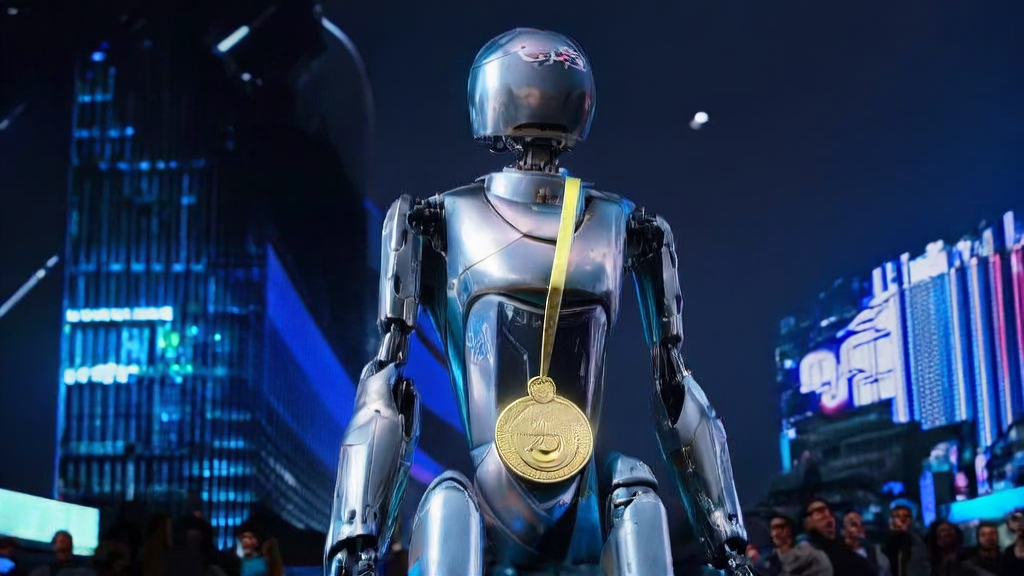 YuShu H1 robot standing on the podium, receiving applause from the audience, with a futuristic cityscape in the background symbolizing technological advancement and prosperity.