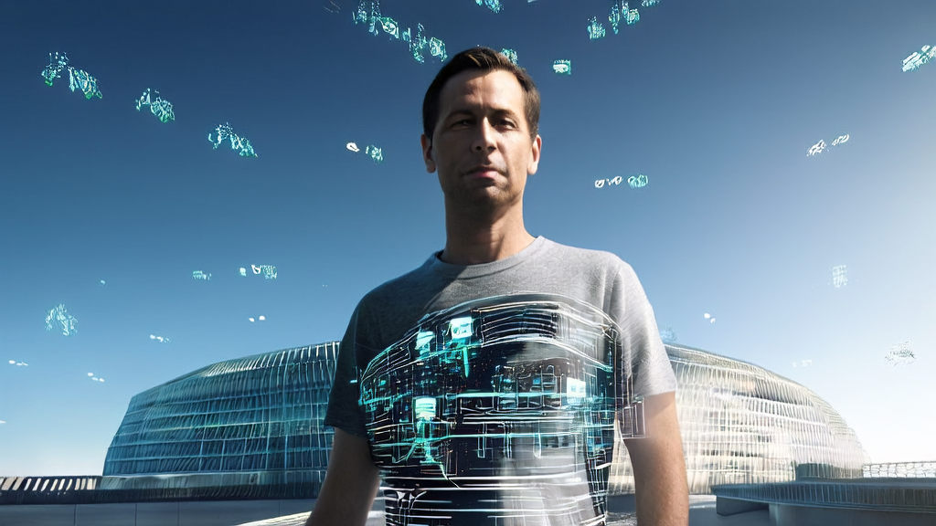 Zuckerberg stands in front of a tech center with a backdrop of a matrix representing Meta's new AI team, showcasing the innovative application of AI email marketing technology.