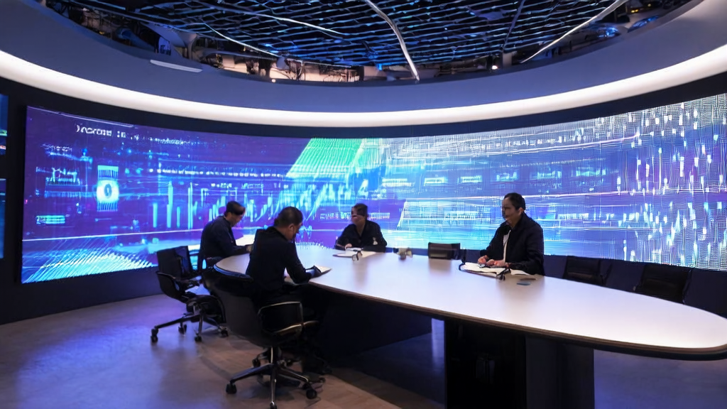 Depicts technicians in an office using Alibaba's ZeroSearch technology, with a large screen displaying the technology's principles and a server emitting blue light symbolizing high efficiency and low energy consumption.