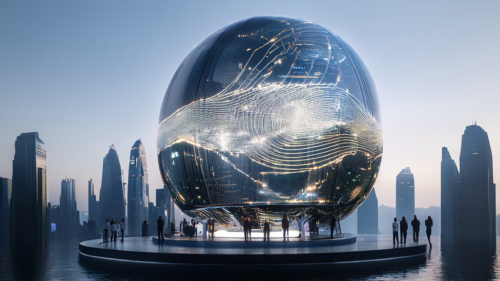 Zhiyuan Wuju series revolutionizes AI marketing, showcasing a futuristic city center with advanced technology